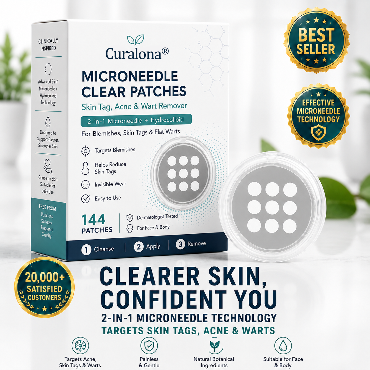 ✨Flohpath®2-in-1 Microneedle & Hydrocolloid Patch🍀| Removes Raised Moles, Acne, Flat Warts & Skin Tags | Helps Improve Wrinkles, Scars & Blemishes | Invisible Patches for Face & Body